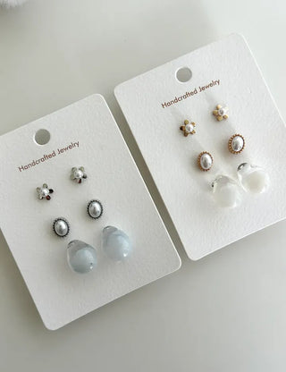 Pair Set Flower Earrings Bell Pearl Titanium Mini