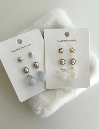 Pair Set Flower Earrings Bell Pearl Titanium Mini