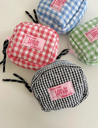 Heart Quilted Pouch Check Fabric Mini Big
