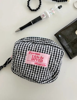 Heart Quilted Pouch Check Fabric Mini Big