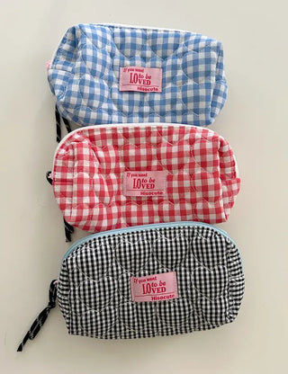 Heart Quilted Pouch Check Fabric Mini Big