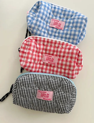Heart Quilted Pouch Check Fabric Mini Big