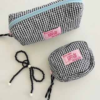 Heart Quilted Pouch Check Fabric Mini Big