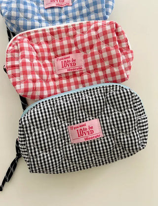 Heart Quilted Pouch Check Fabric Mini Big