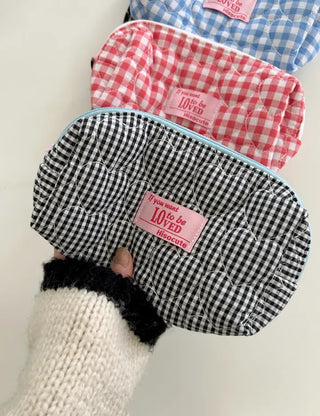Heart Quilted Pouch Check Fabric Mini Big