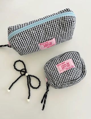 Heart Quilted Pouch Check Fabric Mini Big