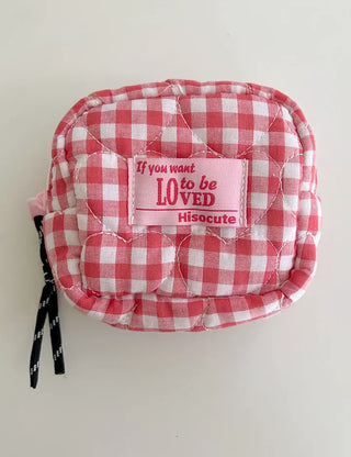 Heart Quilted Pouch Check Fabric Mini Big