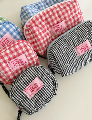 Heart Quilted Pouch Check Fabric Mini Big