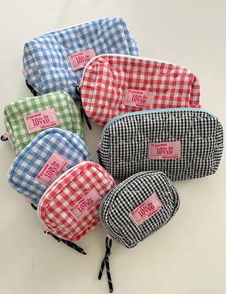 Heart Quilted Pouch Check Fabric Mini Big