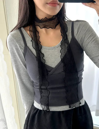 Lace Scarf Dot Frill Mini Muffler for Women
