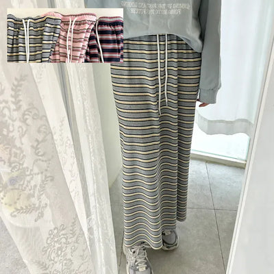Striped Waffle Long Skirt Women's H-Line Elastic Skirt