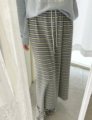 Striped Waffle Long Skirt Women's H-Line Elastic Skirt