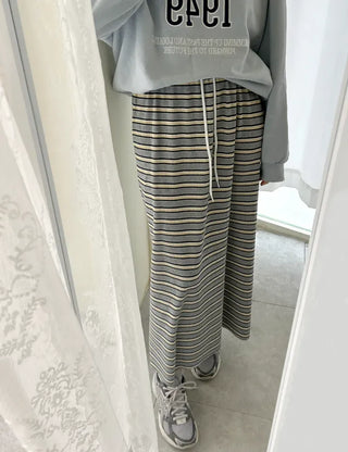 Striped Waffle Long Skirt Women's H-Line Elastic Skirt