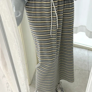 Striped Waffle Long Skirt Women's H-Line Elastic Skirt