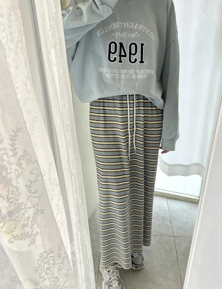 Striped Waffle Long Skirt Women's H-Line Elastic Skirt