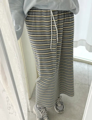 Striped Waffle Long Skirt Women's H-Line Elastic Skirt