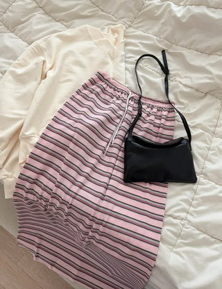 Striped Waffle Long Skirt Women's H-Line Elastic Skirt