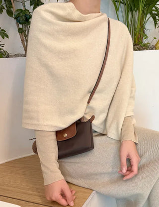 Knit cape shawl wool cardigan layered for wedding guest look