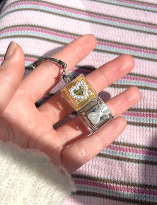 Pearl Keycap Keyring Pocket Ribbon Heart Keyholder Bag Charm