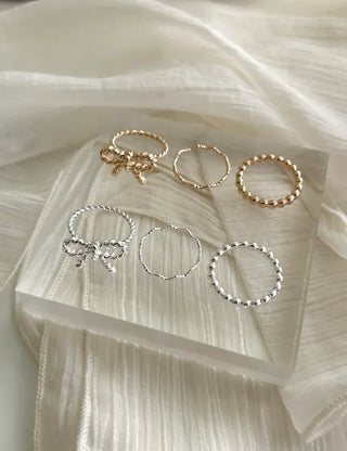Rope ribbon ring set, silver ball thin rings, layered rings