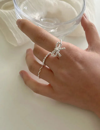 Rope ribbon ring set, silver ball thin rings, layered rings