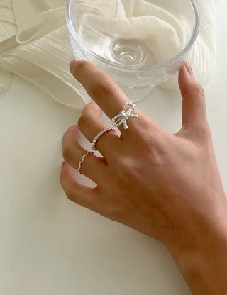 Rope ribbon ring set, silver ball thin rings, layered rings