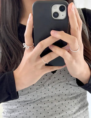 Rope ribbon ring set, silver ball thin rings, layered rings