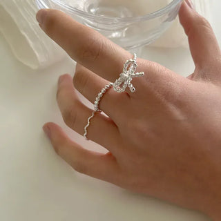 Rope ribbon ring set, silver ball thin rings, layered rings