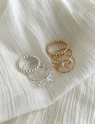 Rope ribbon ring set, silver ball thin rings, layered rings