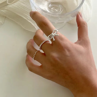 Rope ribbon ring set, silver ball thin rings, layered rings