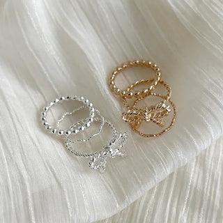 Rope ribbon ring set, silver ball thin rings, layered rings