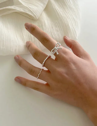 Rope ribbon ring set, silver ball thin rings, layered rings