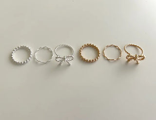 Rope ribbon ring set, silver ball thin rings, layered rings
