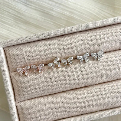 Crystal Ribbon Earrings Silver Post Drop Mini Earrings