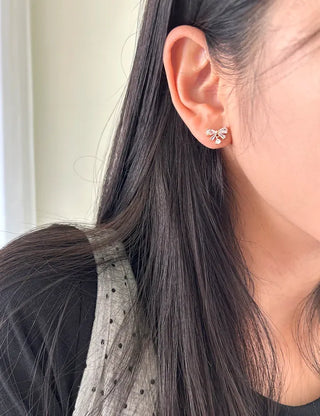 Crystal Ribbon Earrings Silver Post Drop Mini Earrings