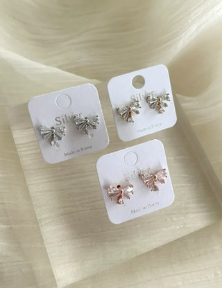 Crystal Ribbon Earrings Silver Post Drop Mini Earrings