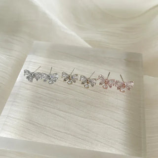 Crystal Ribbon Earrings Silver Post Drop Mini Earrings