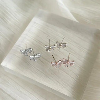 Crystal Ribbon Earrings Silver Post Drop Mini Earrings