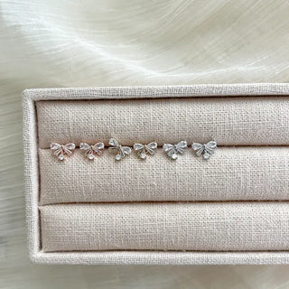 Crystal Ribbon Earrings Silver Post Drop Mini Earrings
