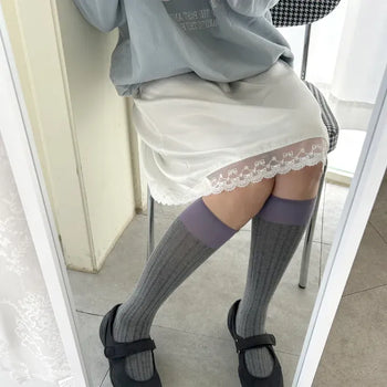 Eyelet knee socks, color-blocked knee stockings, summer socks