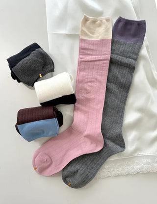 Eyelet knee socks, color-blocked knee stockings, summer socks