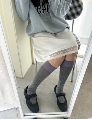Eyelet knee socks, color-blocked knee stockings, summer socks