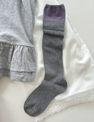 Eyelet knee socks, color-blocked knee stockings, summer socks