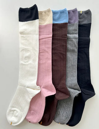 Eyelet knee socks, color-blocked knee stockings, summer socks
