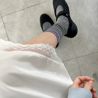 Ribbon lace skirt satin midi skirt layered elastic