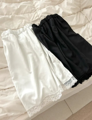 Ribbon lace skirt satin midi skirt layered elastic