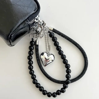 Keyholder Double-row Cubic Pearl Heart Strap Bag Keyring
