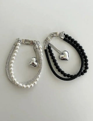Keyholder Double-row Cubic Pearl Heart Strap Bag Keyring