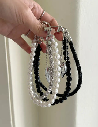 Keyholder Double-row Cubic Pearl Heart Strap Bag Keyring