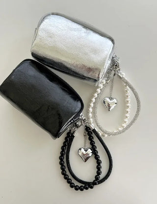 Keyholder Double-row Cubic Pearl Heart Strap Bag Keyring